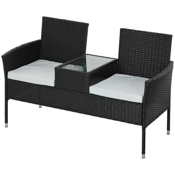 2-Seat Patio Furniture with Tea Table, Outdoor PE Rattan Wicker Loveseat with Padded Cushions and Tempered Glass Top for Garden, Porch, Poolside, Light Grey