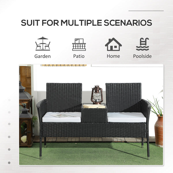 2-Seat Patio Furniture with Tea Table, Outdoor PE Rattan Wicker Loveseat with Padded Cushions and Tempered Glass Top for Garden, Porch, Poolside, Light Grey