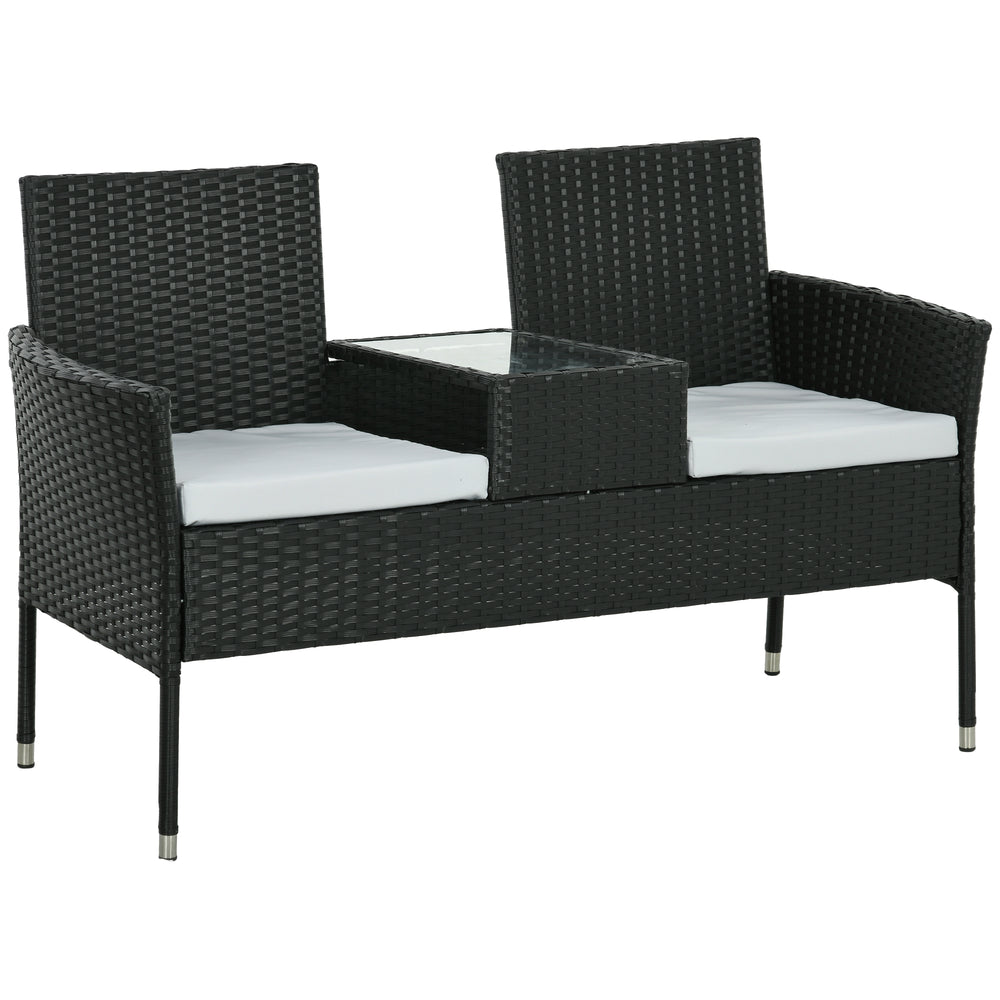 2-Seat Patio Furniture with Tea Table, Outdoor PE Rattan Wicker Loveseat with Padded Cushions and Tempered Glass Top for Garden, Porch, Poolside, Light Grey
