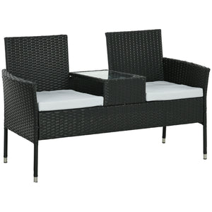 2-Seat Patio Furniture with Tea Table, Outdoor PE Rattan Wicker Loveseat with Padded Cushions and Tempered Glass Top for Garden, Porch, Poolside, Light Grey