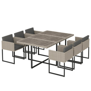 7 Piece Rattan Garden Furniture Set, Garden Dining Set with Wood-Plastic Table and 6 Stackable Chairs, Rattan Table and Chairs with 12 Cushions for Patio Terrace, Light Grey