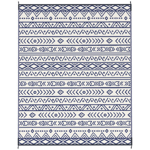 Outsunny Reversible Outdoor Rug, 8' x 10' Waterproof Plastic Straw Floor Mat, Portable RV Camping Carpet, Large Floor Mat for Backyard, Deck, Picnic, Beach, Blue & White Geometric