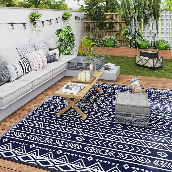 Outsunny Reversible Outdoor Rug, 8' x 10' Waterproof Plastic Straw Floor Mat, Portable RV Camping Carpet, Large Floor Mat for Backyard, Deck, Picnic, Beach, Blue & White Geometric