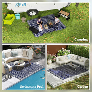 Outsunny Reversible Outdoor Rug, 8' x 10' Waterproof Plastic Straw Floor Mat, Portable RV Camping Carpet, Large Floor Mat for Backyard, Deck, Picnic, Beach, Blue & White Geometric