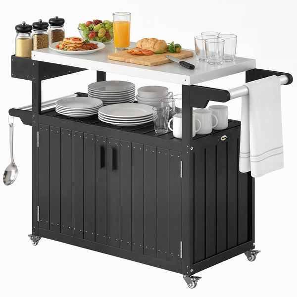 Outdoor Bar Cart with Storage Cabinet, Stainless Steel Top Kitchen Island on Wheels, HDPE Outdoor Bar Table, Movable Patio Beverage Food Prep Table for BBQ Picnic, Black