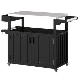 Outdoor Bar Cart with Storage Cabinet, Stainless Steel Top Kitchen Island on Wheels, HDPE Outdoor Bar Table, Movable Patio Beverage Food Prep Table for BBQ Picnic, Black