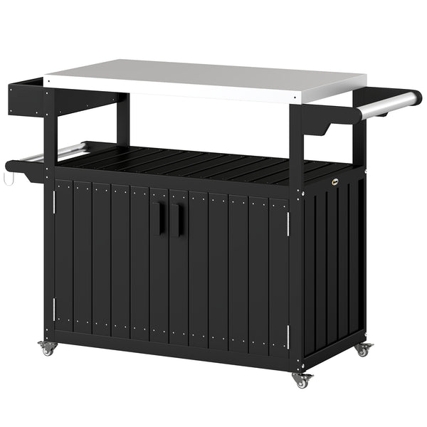 Outdoor Bar Cart with Storage Cabinet, Stainless Steel Top Kitchen Island on Wheels, HDPE Outdoor Bar Table, Movable Patio Beverage Food Prep Table for BBQ Picnic, Black