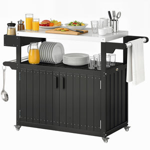 Outdoor Bar Cart with Storage Cabinet, Stainless Steel Top Kitchen Island on Wheels, HDPE Outdoor Bar Table, Movable Patio Beverage Food Prep Table for BBQ Picnic, Black