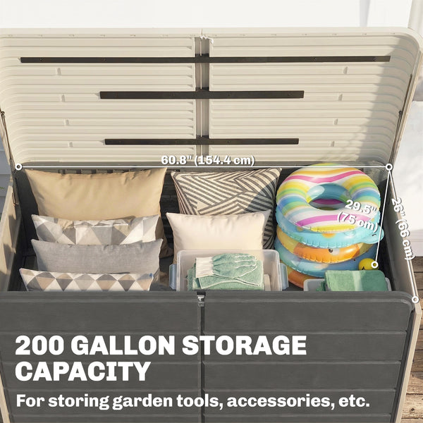 757 L Garden Storage Box, HDPE Deck Box with Wheels, Lockable Lid, Pneumatic Gas Rods and Side Handles, Outdoor Patio Storage Container for Garden Tools, Beige and Grey