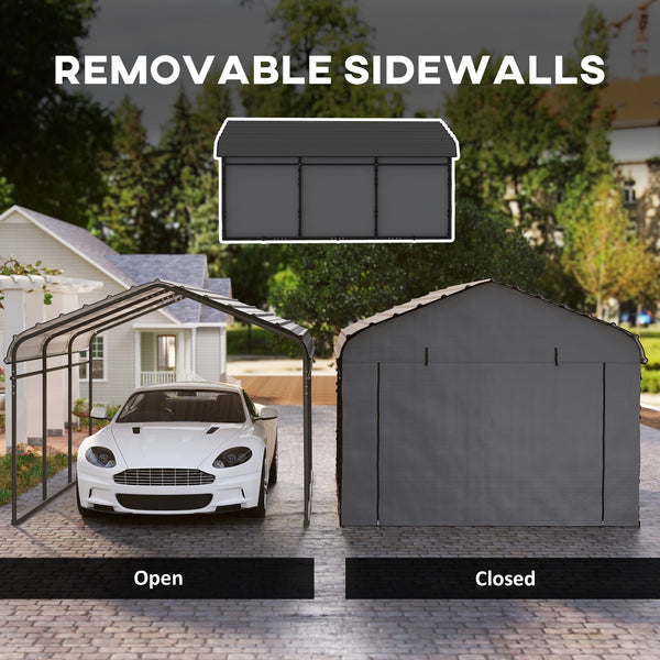 10' x 15' Heavy Duty Metal Carport, Waterproof Garage Car Canopy Shelter with Galvanized Metal Roof and Removable Sidewalls for Cars, Boats, Tractors, Dark Gray