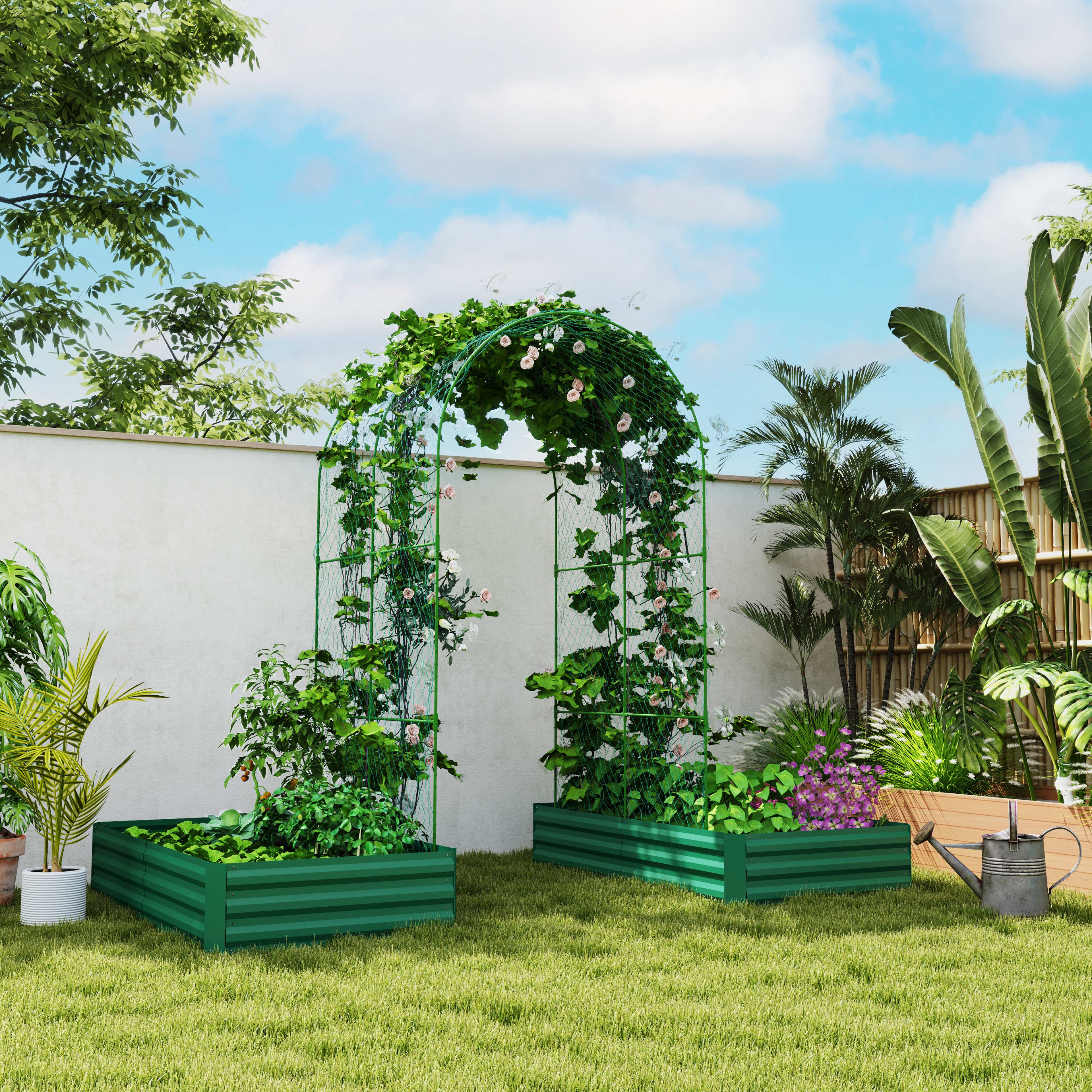 trellis for climbing plants bunnings Outsunny Galvanized Raised Garden Bed with Arch Trellis for Climbing Plants, Vegetables, Flowers