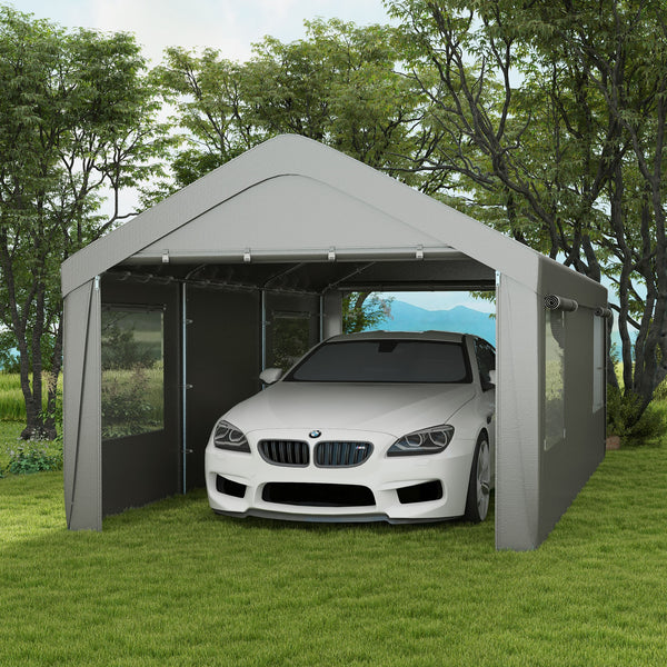 Outsunny Carport 10' x 20' Portable Garage, Heavy Duty Car Port Canopy with 2 Roll-up Doors & 4 Ventilated Windows for Car, Truck, Boat, Garden Tools, Gray