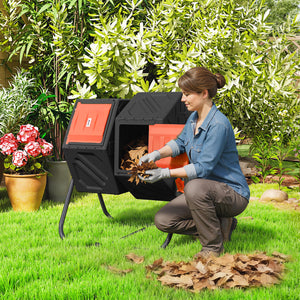 34.5 Gallon Dual Chamber Compost Bin, Rotating Composter, Compost Tumbler with 24 Ventilation Openings and Steel Legs, Orange