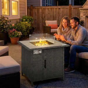Rattan Gas Fire Pit Table, 14.5 KW Square Smokeless Propane Gas Fire Pit with Rain Cover, Wind Guard, Lid, Spark Guard Mesh, Lava Rocks, Outdoor Garden Coffee Table with Heater, Dark Grey