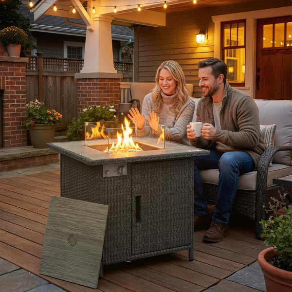 Rattan Gas Fire Pit Table, 14.5 KW Square Smokeless Propane Gas Fire Pit with Rain Cover, Wind Guard, Lid, Spark Guard Mesh, Lava Rocks, Outdoor Garden Coffee Table with Heater, Dark Grey