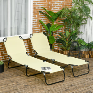 Outsunny 2 Piece Folding Chaise Lounge Pool Chairs, Outdoor Sun Tanning Chairs with 5-Level Reclining Back, Steel Frame for Beach, Yard, Patio, Beige