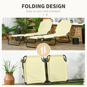 Outsunny 2 Piece Folding Chaise Lounge Pool Chairs, Outdoor Sun Tanning Chairs with 5-Level Reclining Back, Steel Frame for Beach, Yard, Patio, Beige