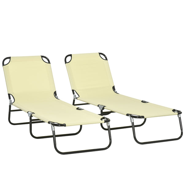 Outsunny 2 Piece Folding Chaise Lounge Pool Chairs, Outdoor Sun Tanning Chairs with 5-Level Reclining Back, Steel Frame for Beach, Yard, Patio, Beige