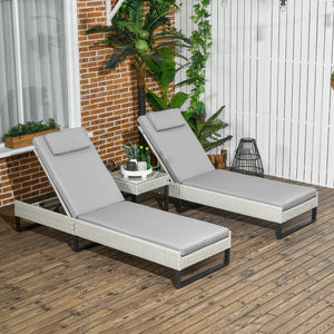 3-piece PE Rattan Sun Lounger Set with Adjustable 5-Position Recliner, Patio Chaise Lounge Chair Set with Cushions, Headrests, Glass Top Square Coffee Table, Light Grey