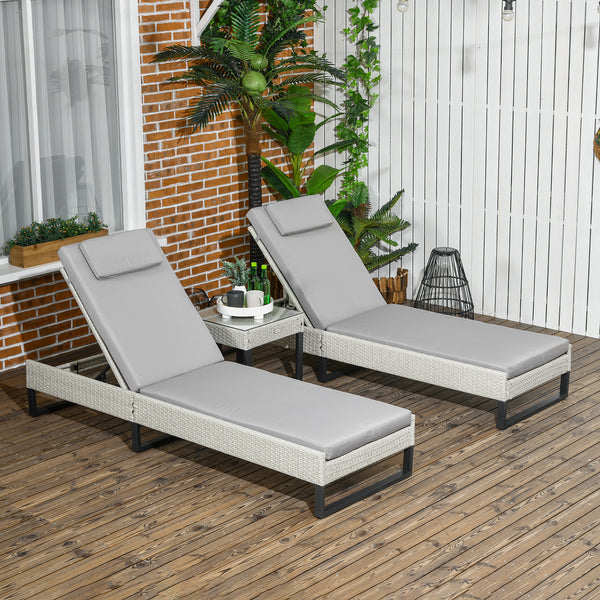 3-piece PE Rattan Sun Lounger Set with Adjustable 5-Position Recliner, Patio Chaise Lounge Chair Set with Cushions, Headrests, Glass Top Square Coffee Table, Light Grey