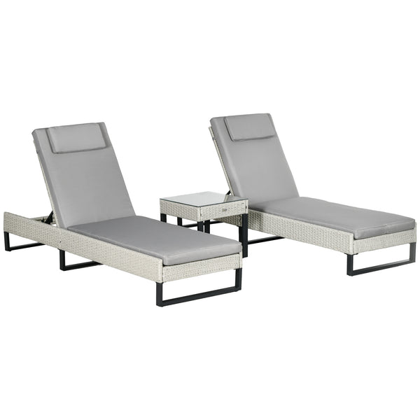 3-piece PE Rattan Sun Lounger Set with Adjustable 5-Position Recliner, Patio Chaise Lounge Chair Set with Cushions, Headrests, Glass Top Square Coffee Table, Light Grey
