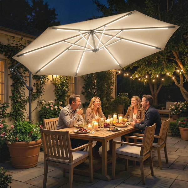 3 m Garden Cantilever Parasol with LED Solar Light, Round Overhanging Umbrella with 6-Position 360° Rotation, Crank Handle, Tilt, Cover, Banana Patio Umbrella for Outdoor Sun Shade, Khaki