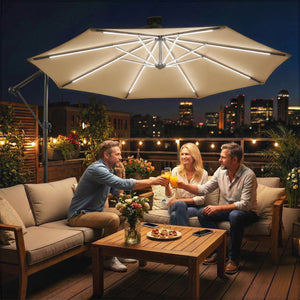 3 m Garden Cantilever Parasol with LED Solar Light, Round Overhanging Umbrella with 6-Position 360° Rotation, Crank Handle, Tilt, Cover, Banana Patio Umbrella for Outdoor Sun Shade, Khaki