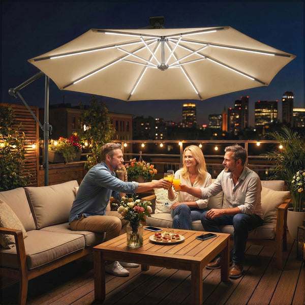 3 m Garden Cantilever Parasol with LED Solar Light, Round Overhanging Umbrella with 6-Position 360° Rotation, Crank Handle, Tilt, Cover, Banana Patio Umbrella for Outdoor Sun Shade, Khaki