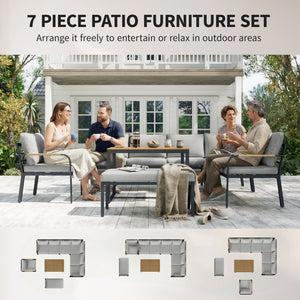 7 Seater Garden Furniture Set with 2 Loveseats, Armchair, 2 Armless Chairs, Footstool, Faux Wood Table, Metal Garden Sofa Set with Cushions, Outdoor Furniture Conversation Sets, Light Grey