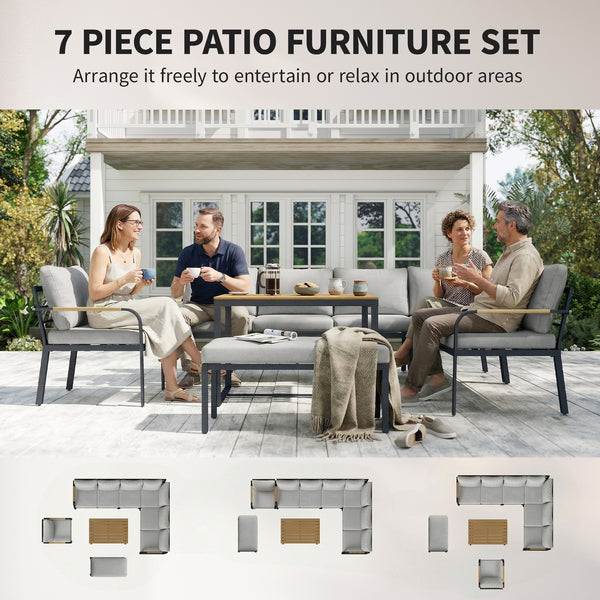 7 Seater Garden Furniture Set with 2 Loveseats, Armchair, 2 Armless Chairs, Footstool, Faux Wood Table, Metal Garden Sofa Set with Cushions, Outdoor Furniture Conversation Sets, Light Grey