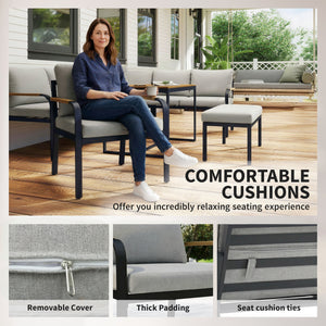 7 Seater Garden Furniture Set with 2 Loveseats, Armchair, 2 Armless Chairs, Footstool, Faux Wood Table, Metal Garden Sofa Set with Cushions, Outdoor Furniture Conversation Sets, Light Grey