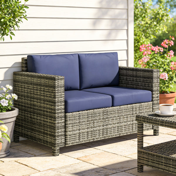 2 Seat Patio Loveseat Deluxe Wicker Sofa Chair Outdoor Rattan Furniture Couch All Weather with Cushion for Balcony, Deck, Garden and Poolside, Dark Blue