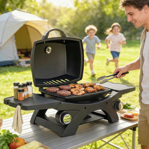 2 Burner Gas Grill with 2 Detachable Side Tables, 3.8 KW Steel Barbecue Grill with Cast Iron Grates, Tabletop BBQ with Lid, Thermometer, Grease Tray, 4 Hooks, Black