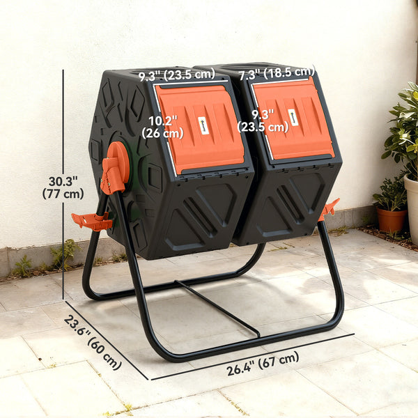 34.5 Gallon Dual Chamber Compost Bin, Rotating Composter, Compost Tumbler with 24 Ventilation Openings and Steel Legs, Orange