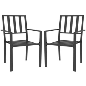 Outsunny Set of 2 Patio Dining Chairs, Stackable Outdoor Garden Bistro Chairs with Metal Slatted Seat & Backrest for Yard, Garden, Black