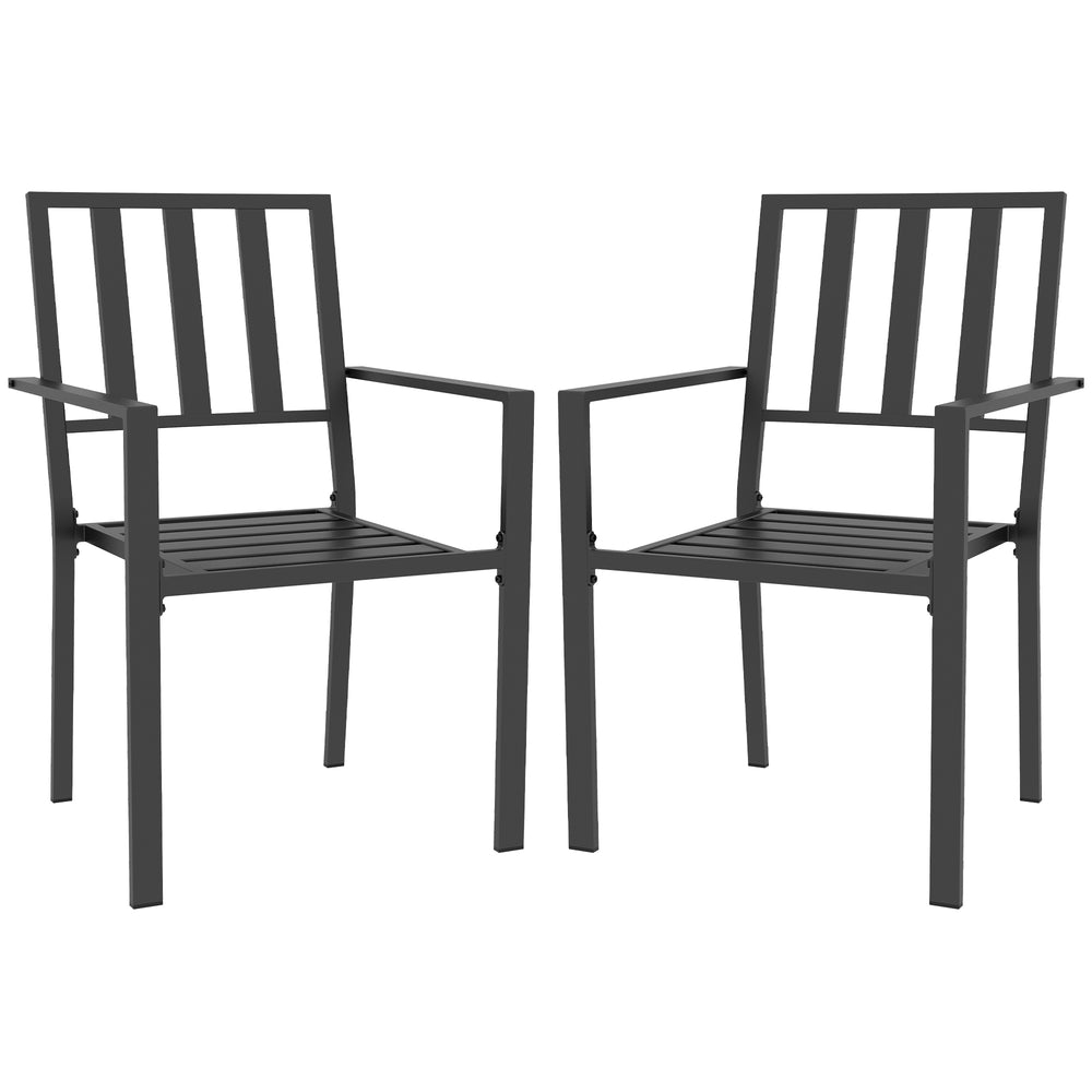 Outsunny Set of 2 Patio Dining Chairs, Stackable Outdoor Garden Bistro Chairs with Metal Slatted Seat & Backrest for Yard, Garden, Black