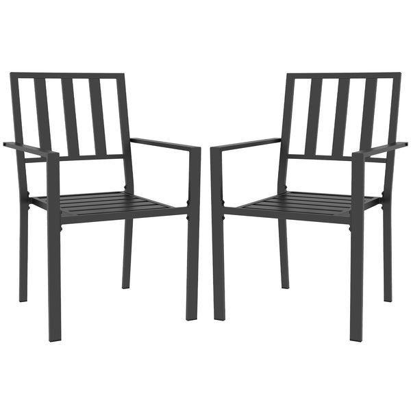 Outsunny Set of 2 Patio Dining Chairs, Stackable Outdoor Garden Bistro Chairs with Metal Slatted Seat & Backrest for Yard, Garden, Black