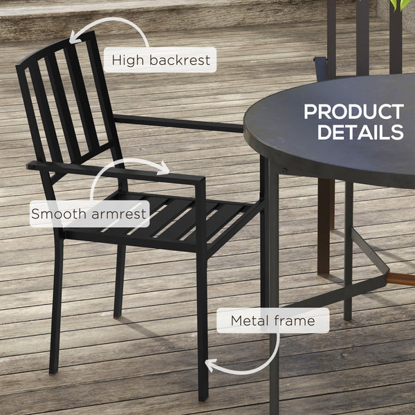 Outsunny Set of 2 Patio Dining Chairs, Stackable Outdoor Garden Bistro Chairs with Metal Slatted Seat & Backrest for Yard, Garden, Black