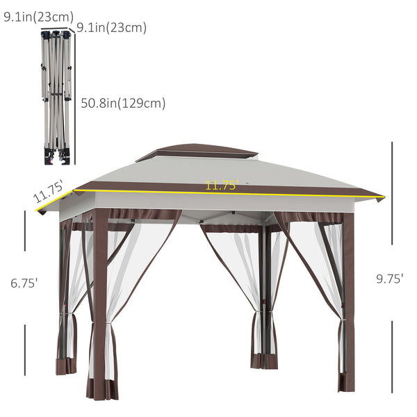 Outsunny 12' x 12' Pop Up Canopy Tent with Netting and Carry Bag, Instant Sun Shelter with 137 sq.ft Shade, Tents for Parties, Height Adjustable, for Outdoor, Garden, Patio, Beige and Brown