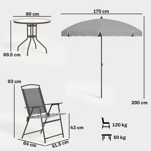 6 Piece Garden Dining Set with Umbrella, Patio Sets with Parasol, 4 Folding Dining Chairs & Round Tempered Glass Table, Dark Grey