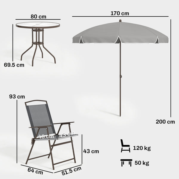 6 Piece Garden Dining Set with Umbrella, Patio Sets with Parasol, 4 Folding Dining Chairs & Round Tempered Glass Table, Dark Grey