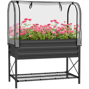 Outsunny Raised Garden Bed with Cover and Storage Shelf, Rectangular Metal Elevated Planter Box with Legs and Bed Liner for Vegetables, Flowers, Herbs, Black