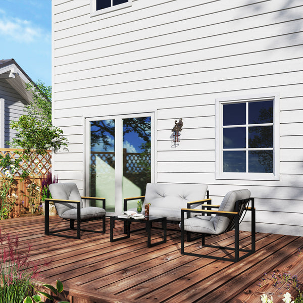 4 Piece Patio Furniture Set, Outdoor Loveseat Sofa Set with Thick Cushions and Coffee Table, Patio Conversation Set for Porch, Balcony, Deck, Light Grey