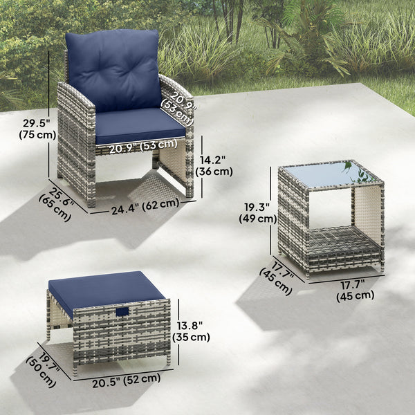5 Piece Patio Furniture Set, Wicker Patio Chairs with Ottomans, 2-Tier Glass Coffee Table, Cushions, Outdoor Patio Furniture Conversation Set for Balcony, Grey/Dark Blue