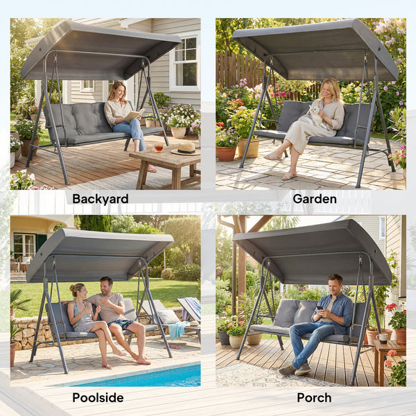 3 Seater Garden Swing Chair, Patio Rocking Bench with Tilting Canopy, Removable Cushion and Steel Frame, Dark Grey
