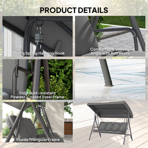 3 Seater Garden Swing Chair, Patio Rocking Bench with Tilting Canopy, Removable Cushion and Steel Frame, Dark Grey