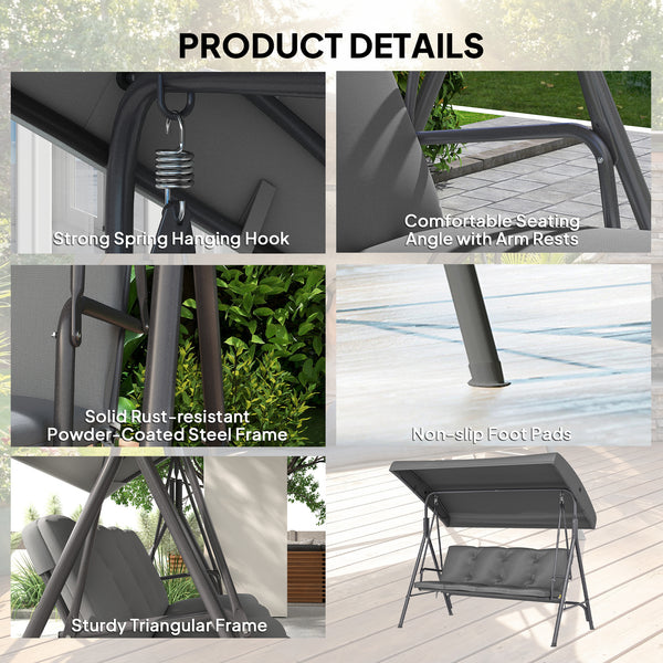 3 Seater Garden Swing Chair, Patio Rocking Bench with Tilting Canopy, Removable Cushion and Steel Frame, Dark Grey