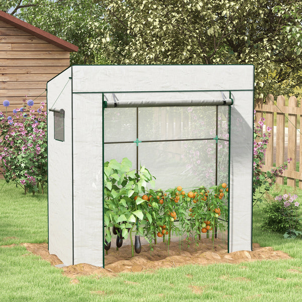Lean-to Tomato Greenhouse with PE Cover, Walk-in Green House with Roll-up Door and 2 Mesh Windows, Portable Plant Grow House for Indoor Outdoor, 77.2"x30.3"x77.6", White