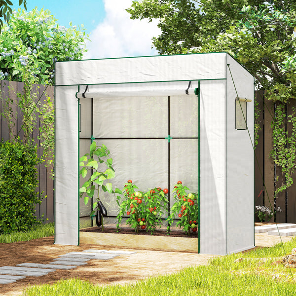 Lean-to Tomato Greenhouse with PE Cover, Walk-in Green House with Roll-up Door and 2 Mesh Windows, Portable Plant Grow House for Indoor Outdoor, 77.2"x30.3"x77.6", White