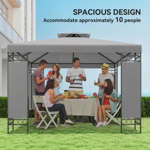 10 x 10 FT Canopy Gazebo, Double Roof Outdoor Gazebo with Screen Panels and Metal Frame, Patio Gazebo for Poolside, Garden, Deck, Backyard, Light Grey